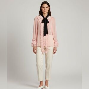 Storets Women’s Dusty Pink pleated Ruffle Tie-Neck Blouse.Size  L